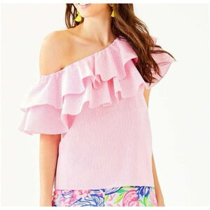 Lilly Pulitzer Seersucker Trixie One Shoulder Ruffle Top XS Pink & White Stripe